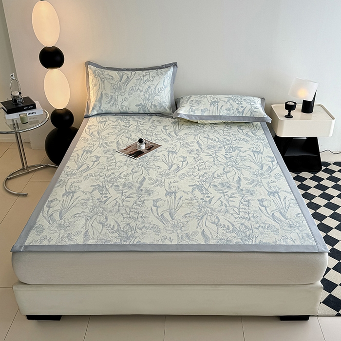 91家纺网 家纺一手货源 找家纺 格真2025新款简约印花冰藤席席子凉席 莫奈花园-灰