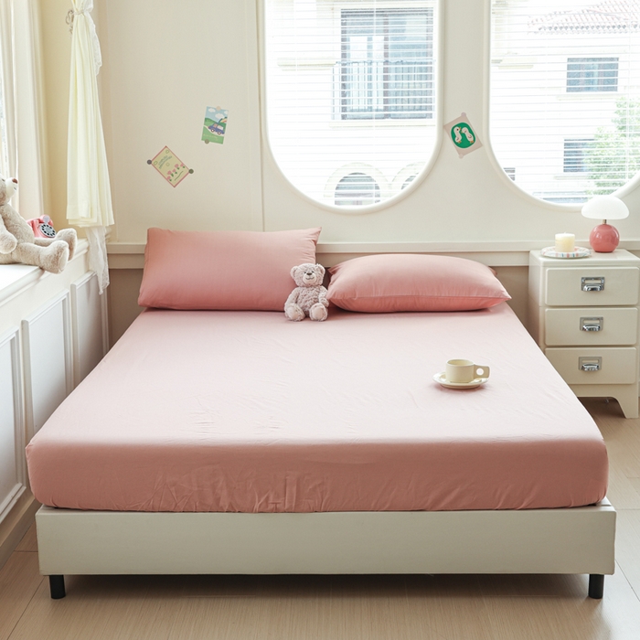 91家纺网 家纺一手货源 找家纺 2025新款全棉A类简约素色水洗棉纯棉单床笠 豆沙