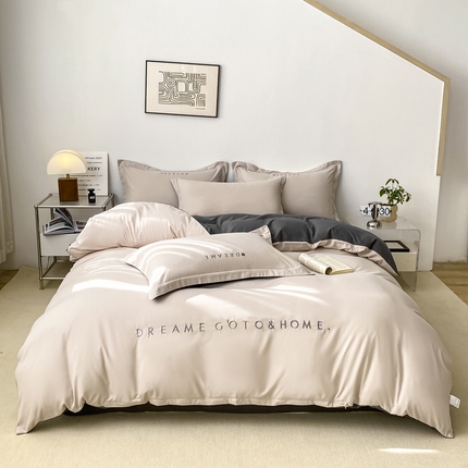 芷凡家纺 2025新款水洗磨毛刺绣四件套-梦想 梦想-杏色+深灰
