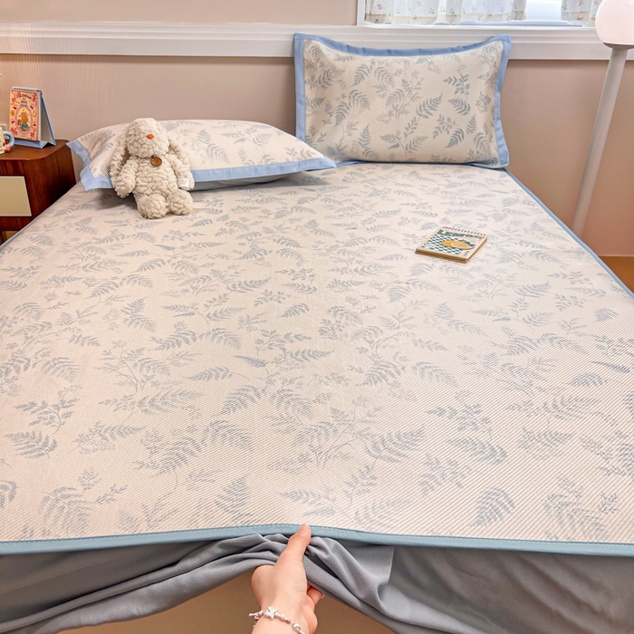 91家纺网 家纺一手货源 找家纺 慕尚家纺 2025新款数码印花床席床笠款冰藤席 床笠款-土豆叶