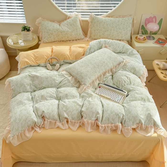 91家纺网 家纺一手货源 找家纺 苏拉家居 2025新款雪纺花边云感提花针织双层纱四件套 风铃草