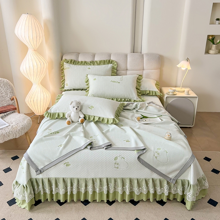 91家纺网 家纺一手货源 找家纺 2025新款A类冰豆豆提花凉席床盖 床盖款-卡皮巴拉-苹果绿