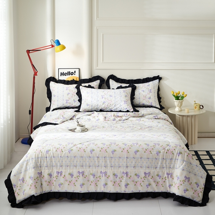 91家纺网 家纺一手货源 找家纺 蝶帕家纺 2025新款法式赫本风韩版花边床盖款夏被四件套 氧气周末