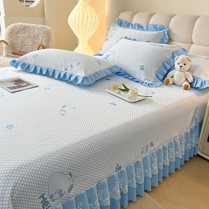 91家纺网 家纺一手货源 找家纺 2025新款A类冰豆豆提花凉席床盖 床盖款-卡皮巴拉-雾蓝