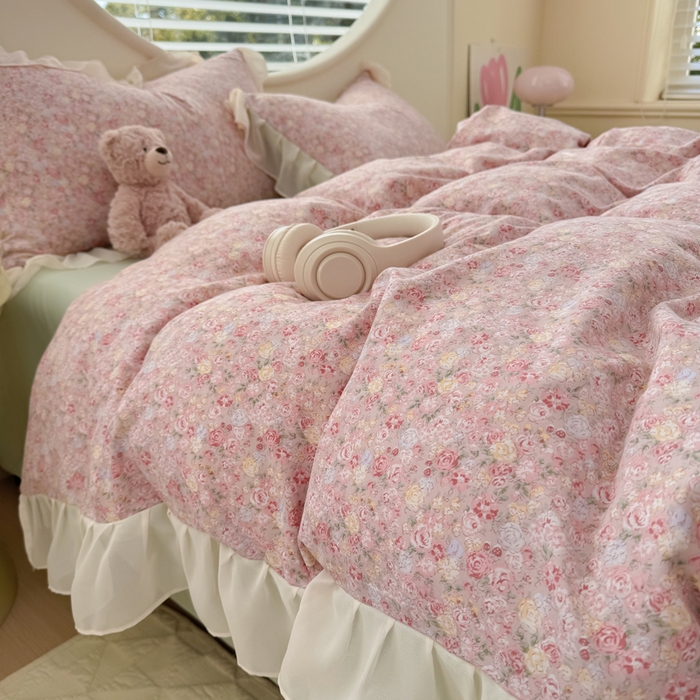 91家纺网 家纺一手货源 找家纺 苏拉家居 2025新款雪纺花边云感提花针织双层纱四件套 蔷薇花开