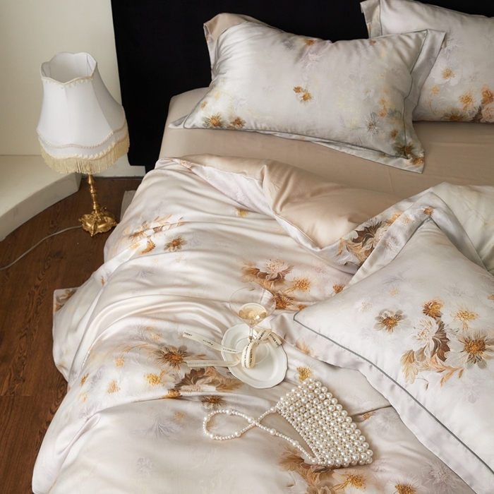 91家纺网 家纺一手货源 找家纺 金奇达家纺 2025新款竹玉清丝四件套-雅韵【标准号全网控价（折后券后）不低于元228元】 浅调暖情-杏色