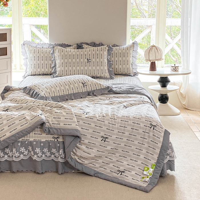 91家纺网 家纺一手货源 找家纺 2025新款直播热款A类针织棉双层纱床盖款夏被四件套 min-灰