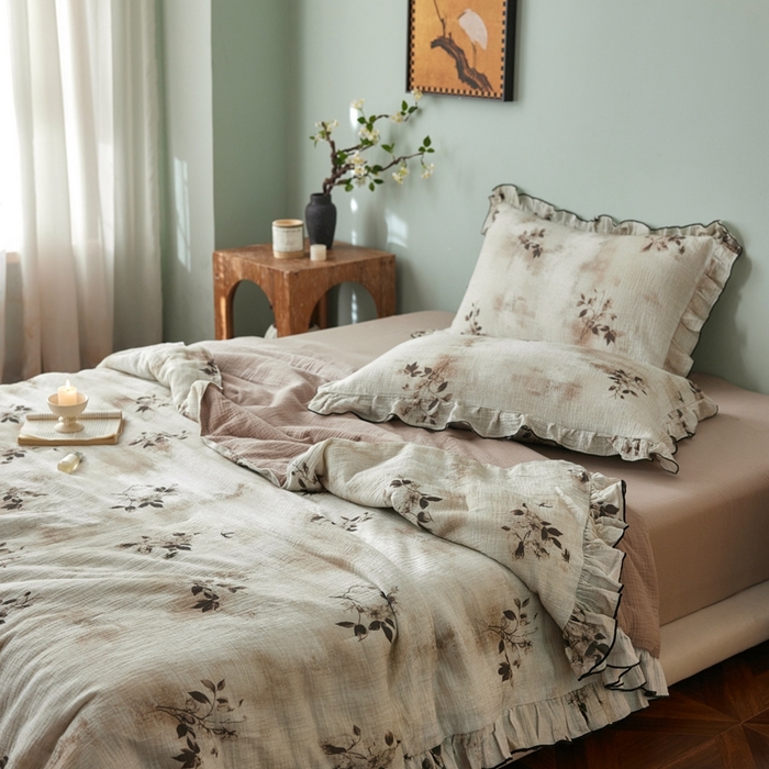 91家纺网 家纺一手货源 找家纺 安莱生活 2025新款全棉精梳棉双层纱绉纱数码印花夏凉被 云屿间-咖  夏被