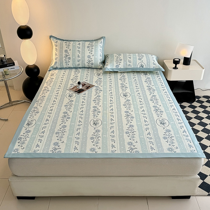 91家纺网 家纺一手货源 找家纺 格真2025新款简约印花冰藤席席子凉席 一路繁花-兰