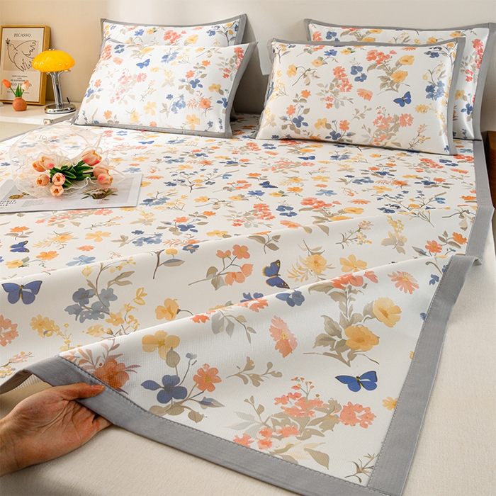 91家纺网 家纺一手货源 找家纺 简一 2025新款A类碳光印花数码冰丝凉席系列-床单款 秋日细雨