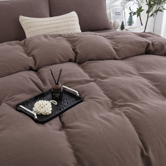 91家纺网 家纺一手货源 找家纺 （总）2025新款全棉色织双层纱拉链款四件套 千禧格-咖