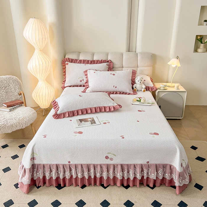 91家纺网 家纺一手货源 找家纺 2025新款A类冰豆豆提花凉席床盖 床盖款-樱桃-豆沙