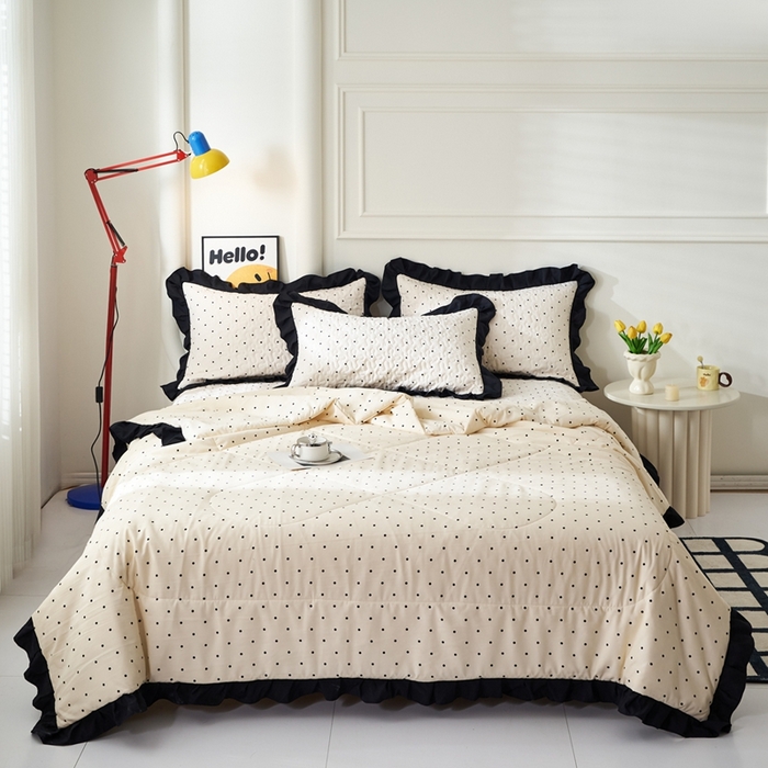 91家纺网 家纺一手货源 找家纺 蝶帕家纺 2025新款法式赫本风韩版花边床盖款夏被四件套 点点爱