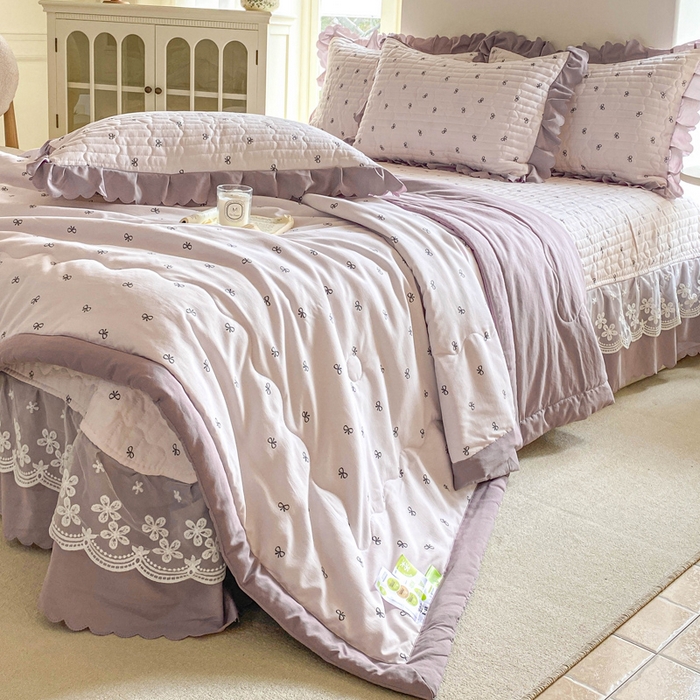 91家纺网 家纺一手货源 找家纺 2025新款直播热款A类针织棉双层纱床盖款夏被四件套 米娅