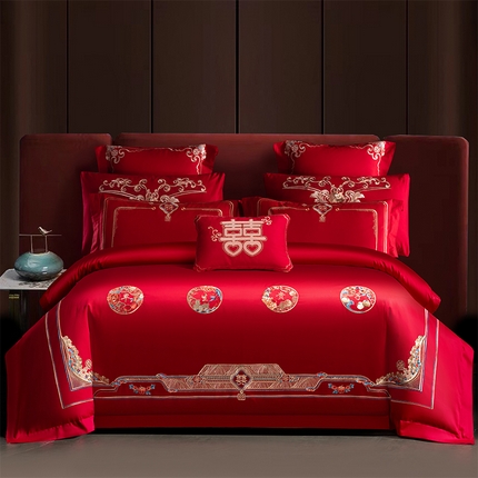 91家纺网 家纺一手货源 找家纺 博之洋婚庆 2025新款全棉长绒棉刺绣新中式婚庆系列多件套江山如画早生贵子