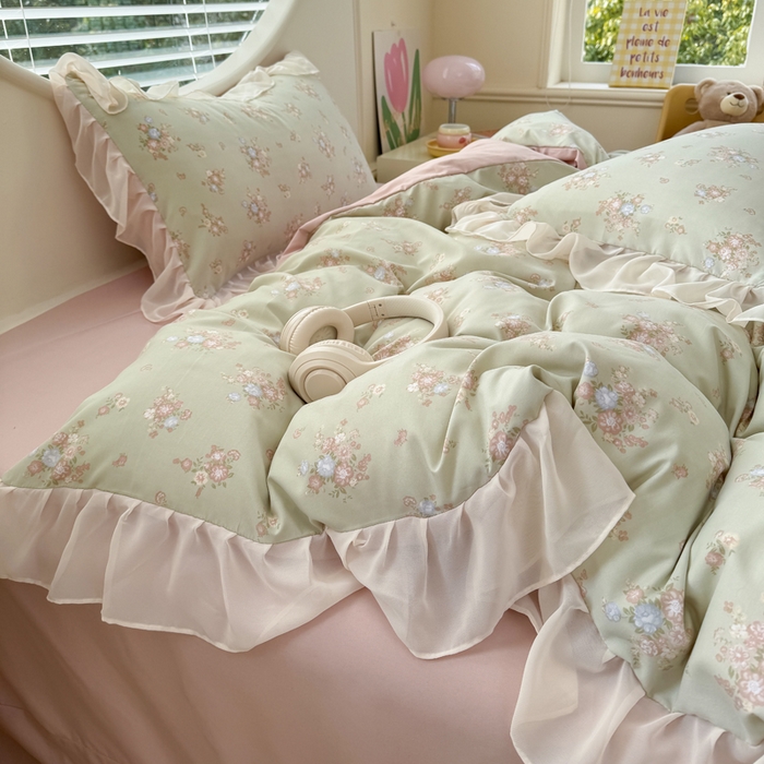 91家纺网 家纺一手货源 找家纺 苏拉家居 2025新款雪纺花边云感提花针织双层纱四件套 茶里茶气