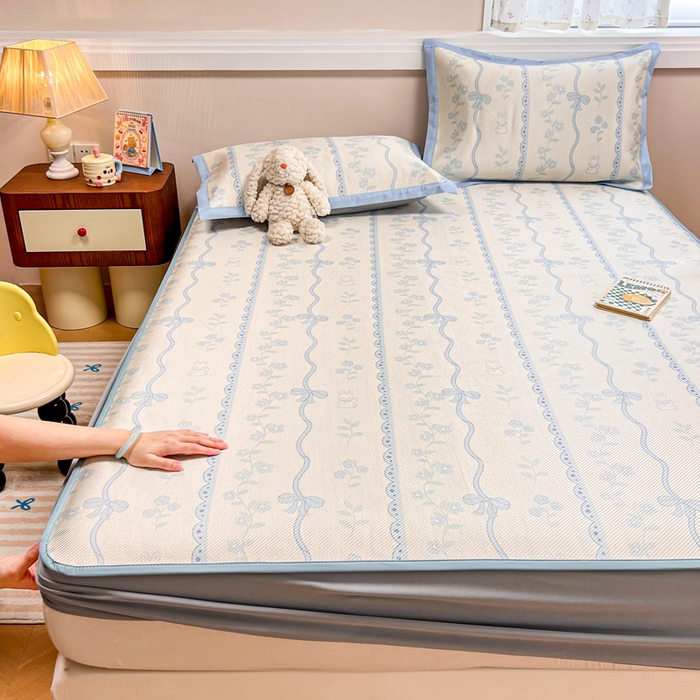 91家纺网 家纺一手货源 找家纺 慕尚家纺 2025新款数码印花床席床笠款冰藤席 床笠款-高冷兔