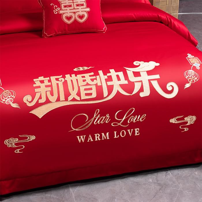 91家纺网 家纺一手货源 找家纺 博之洋婚庆 2025新款全棉长绒棉刺绣新中式婚庆系列多件套新婚快乐