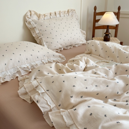 乐童家纺 2025纯棉A类双层纱双花边工艺小清新四件套 蝴蝶结