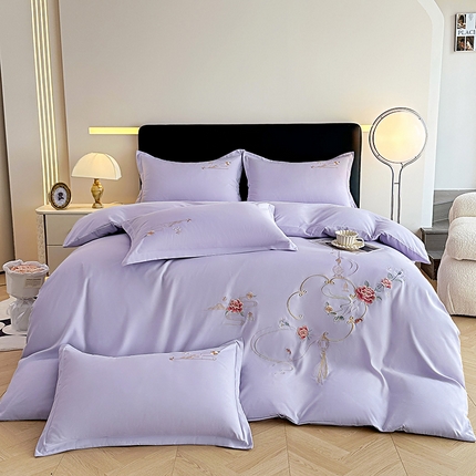 91家纺网 家纺一手货源 找家纺 帝菲妮 2025新款国潮风高克重超柔水洗棉针织棉糯小棉带质检报告刺绣四件套--花好月圆 花好月圆-浅紫