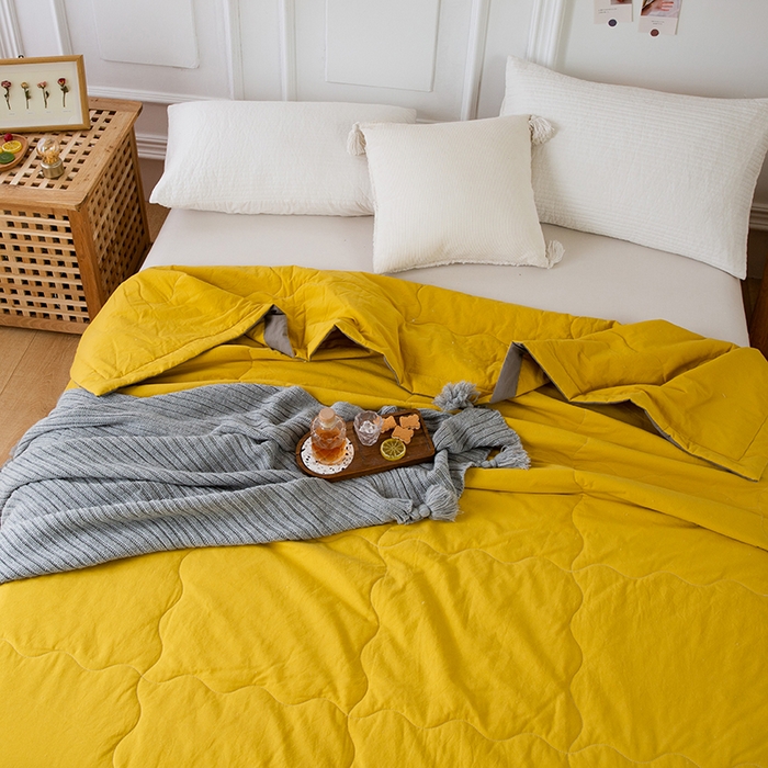 91家纺网 家纺一手货源 找家纺  天瑜 2024全棉夏被棉花芯纯色水洗棉夏凉被可水洗空调被 明亮黄