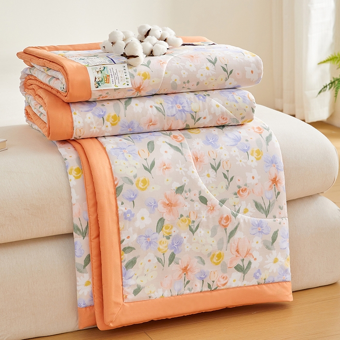 91家纺网 家纺一手货源 找家纺 海洋家纺 2025款水洗棉纯棉花夏凉被全棉花印花夏被空调被薄被子 沁香园桔