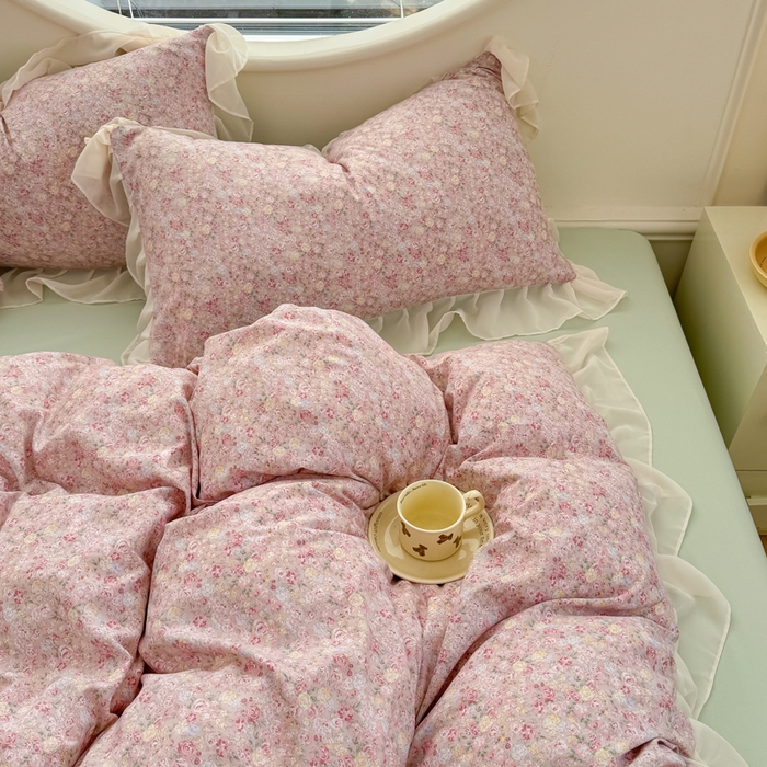 91家纺网 家纺一手货源 找家纺 苏拉家居 2025新款雪纺花边云感提花针织双层纱四件套 蔷薇花开