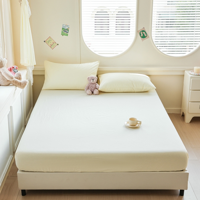 91家纺网 家纺一手货源 找家纺 2025新款全棉A类简约素色水洗棉纯棉单床笠 奶黄