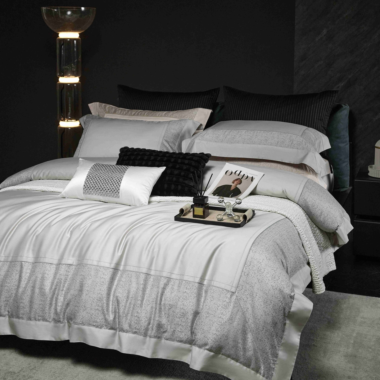 91家纺网 家纺一手货源 找家纺 榻尚家居 2025新款120支长绒棉纯棉贡缎色织提花四件套-香榭丽 香榭丽 灰