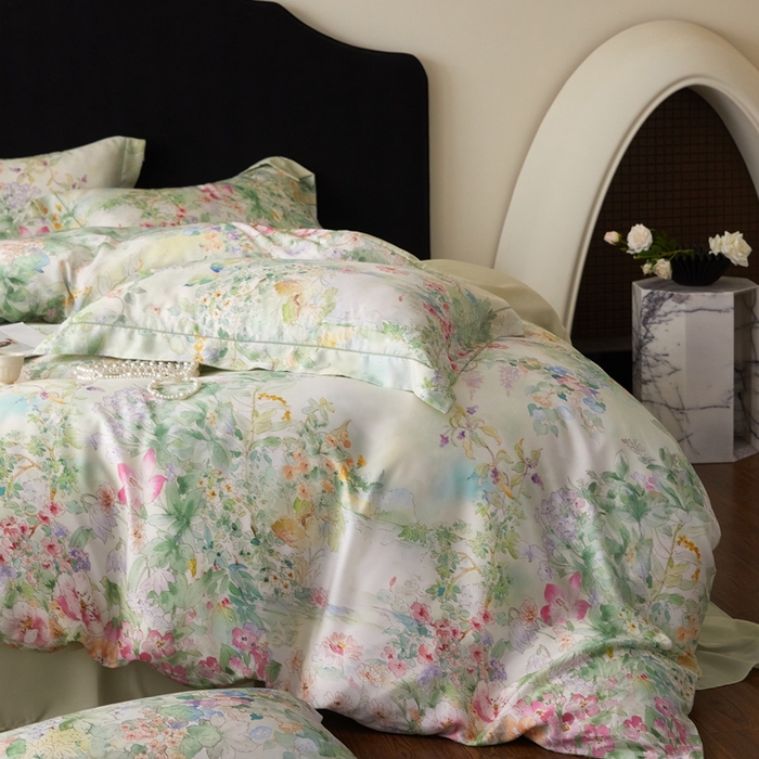 91家纺网 家纺一手货源 找家纺 金奇达家纺 2025新款竹玉清丝四件套-雅韵【标准号全网控价（折后券后）不低于元228元】 悠悠风铃-青青