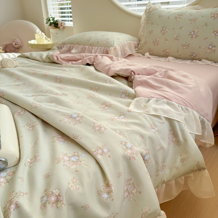 91家纺网 家纺一手货源 找家纺 苏拉家居 2025新款雪纺花边云感提花针织双层纱四件套 茶里茶气