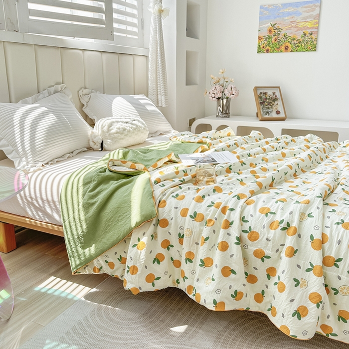 91家纺网 家纺一手货源 找家纺 富艺隆 2025新款A类水洗棉双层纱夏被水洗棉麻空调被直播爆款大豆夏被 小橘子