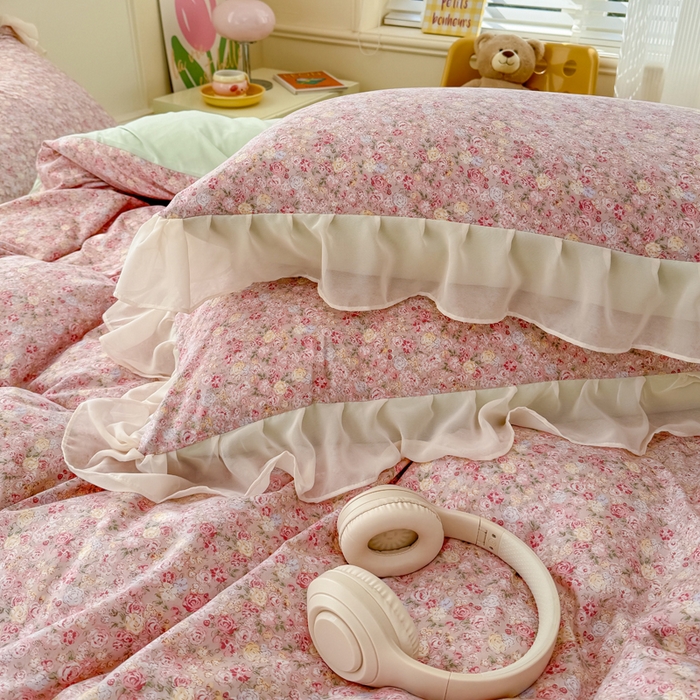 91家纺网 家纺一手货源 找家纺 苏拉家居 2025新款雪纺花边云感提花针织双层纱四件套 蔷薇花开