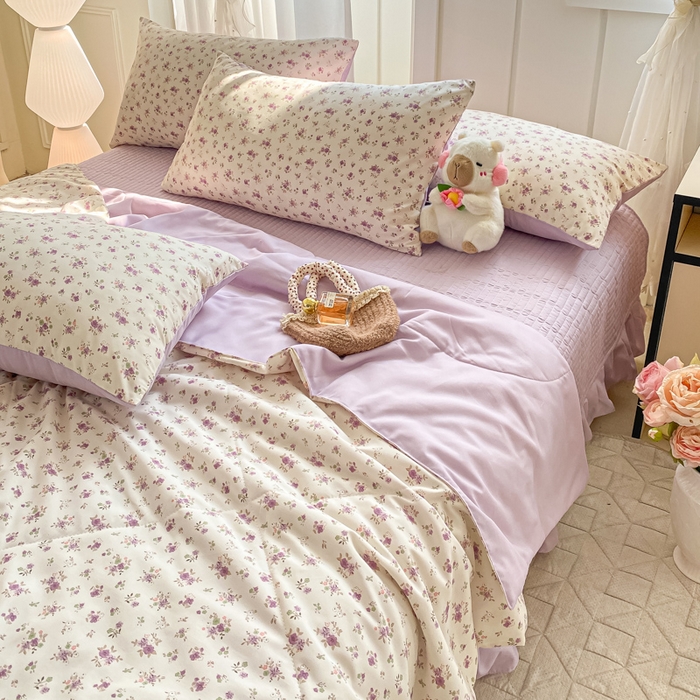 91家纺网 家纺一手货源 找家纺 2025新款针织双层纱夏被床盖四件套单夏被单床盖单品 紫色依恋