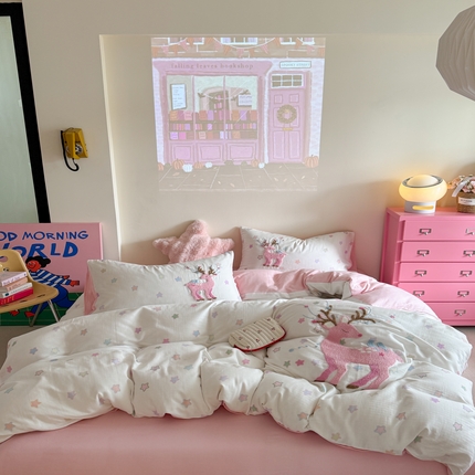 柚子 2025春夏新款全棉纯棉双层纱毛巾绣四件套 麋鹿