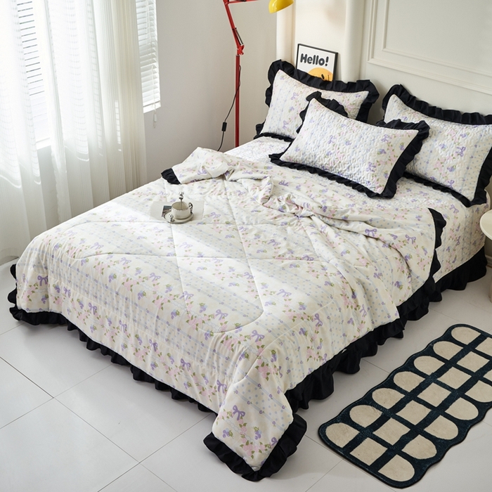 91家纺网 家纺一手货源 找家纺 蝶帕家纺 2025新款法式赫本风韩版花边床盖款夏被四件套 氧气周末