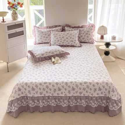 91家纺网 家纺一手货源 找家纺 2025新款直播热款A类针织棉双层纱床盖款夏被四件套 薰衣草
