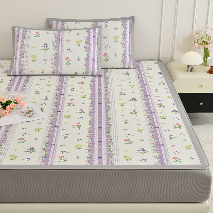 91家纺网 家纺一手货源 找家纺 简一 2025新款A类碳光印花数码冰丝凉席系列-床笠款 紫色梦境