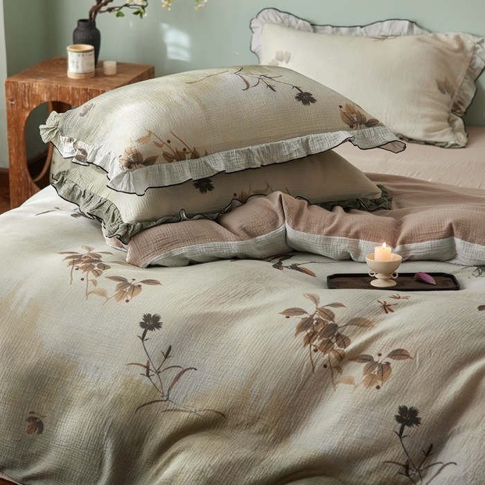 91家纺网 家纺一手货源 找家纺 安莱生活 2025新款全棉精梳棉双层纱绉纱数码印花四件套 烟雨江南-绿