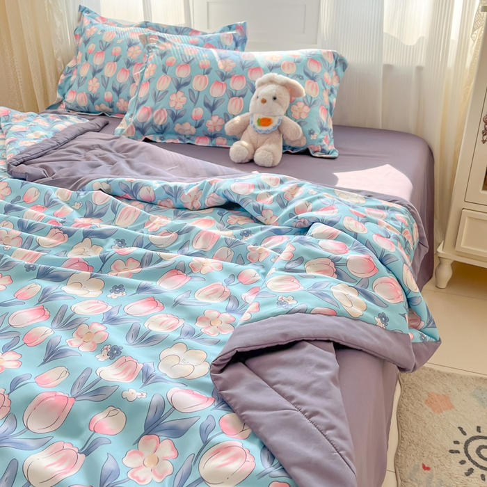 91家纺网 家纺一手货源 找家纺 宝士康家纺 2025新款水洗棉超声波压花夏被 被子被芯 郁金香