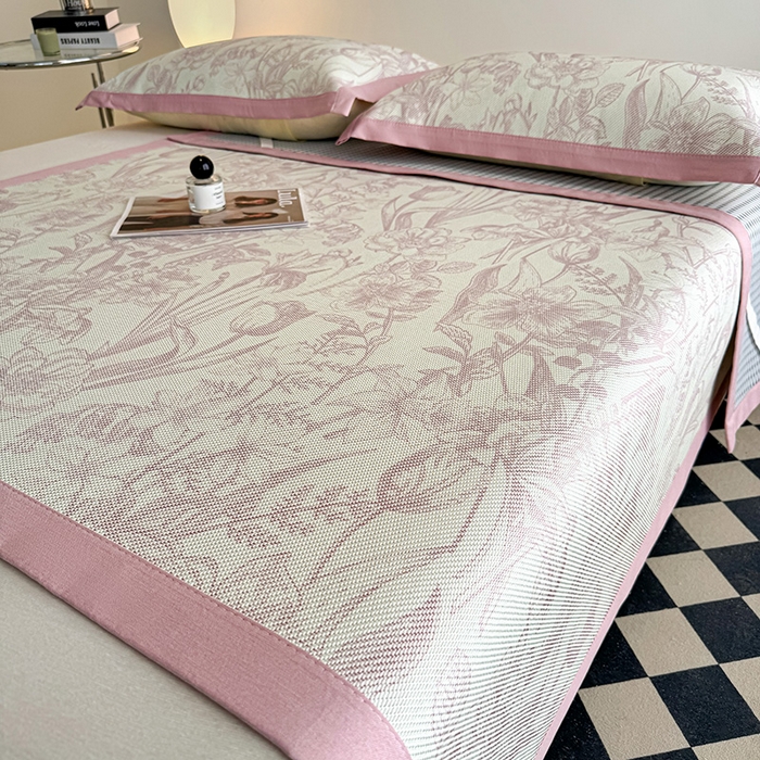 91家纺网 家纺一手货源 找家纺 格真2025新款简约印花冰藤席席子凉席 莫奈花园-粉
