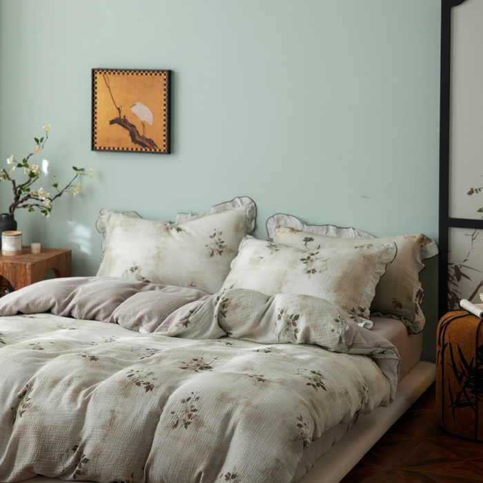 91家纺网 家纺一手货源 找家纺 安莱生活 2025新款全棉精梳棉双层纱绉纱数码印花四件套 云屿间-绿