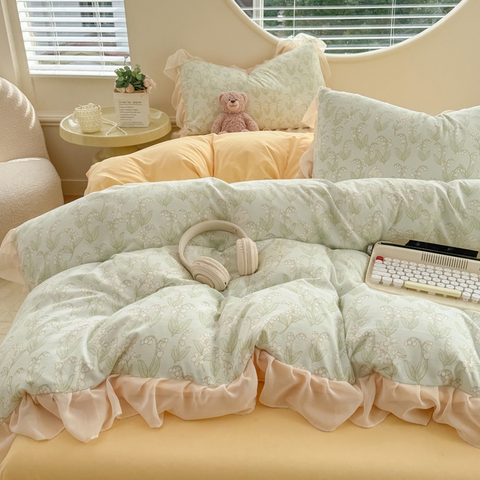 91家纺网 家纺一手货源 找家纺 苏拉家居 2025新款雪纺花边云感提花针织双层纱四件套 风铃草