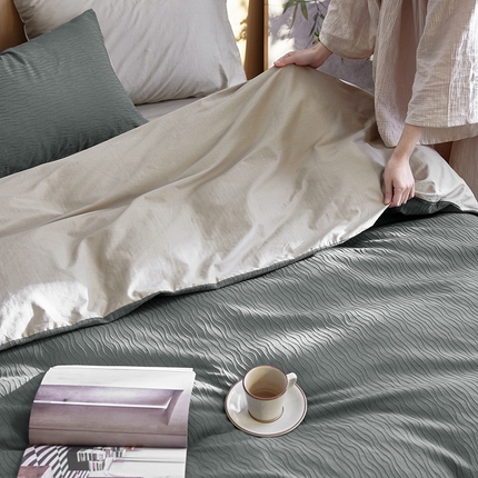 风向标家纺 2025新款全棉波纹纱提花原木风四件套 波纹纱-森屿灰