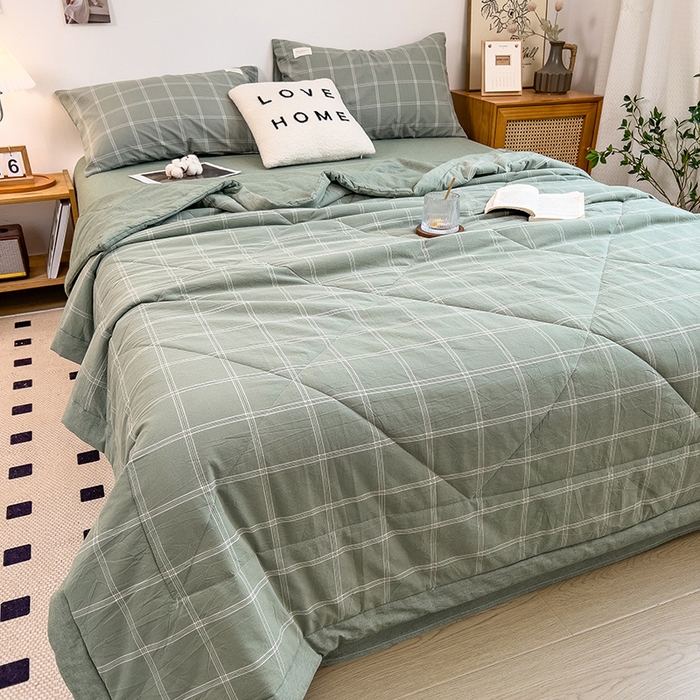 91家纺网 家纺一手货源 找家纺 宝士康家纺 2025新款10A抗菌无印风夏被四件套 格韵绿