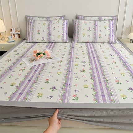 简一 2025新款A类碳光印花数码冰丝凉席系列-床笠款 紫色梦境