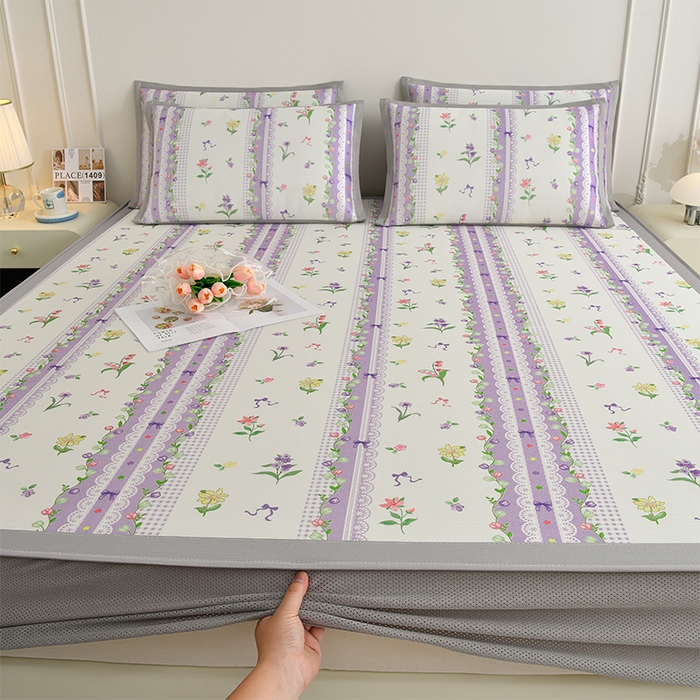 91家纺网 家纺一手货源 找家纺 简一 2025新款A类碳光印花数码冰丝凉席系列-床笠款 紫色梦境