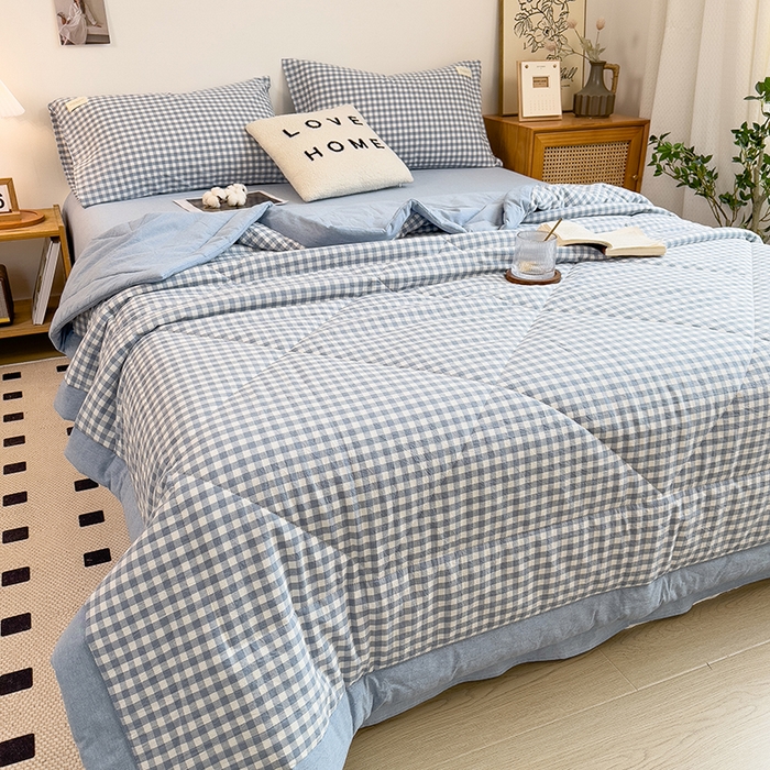 91家纺网 家纺一手货源 找家纺 宝士康家纺 2025新款10A抗菌无印风夏被 被子被芯 天蓝小格