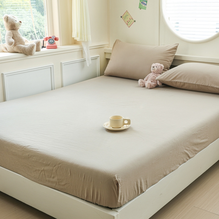 91家纺网 家纺一手货源 找家纺 2025新款全棉A类简约素色水洗棉纯棉单床笠 卡其