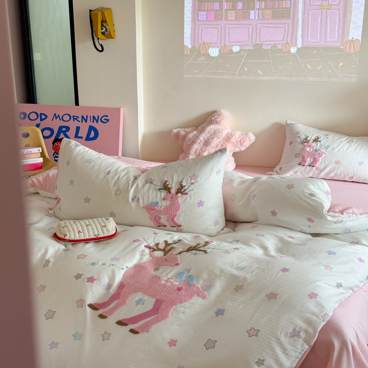 91家纺网 家纺一手货源 找家纺 柚子 2025春夏新款全棉纯棉双层纱毛巾绣四件套 麋鹿